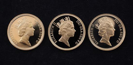 Three gold proof full sovereigns, 1985, 1988 & 1990,